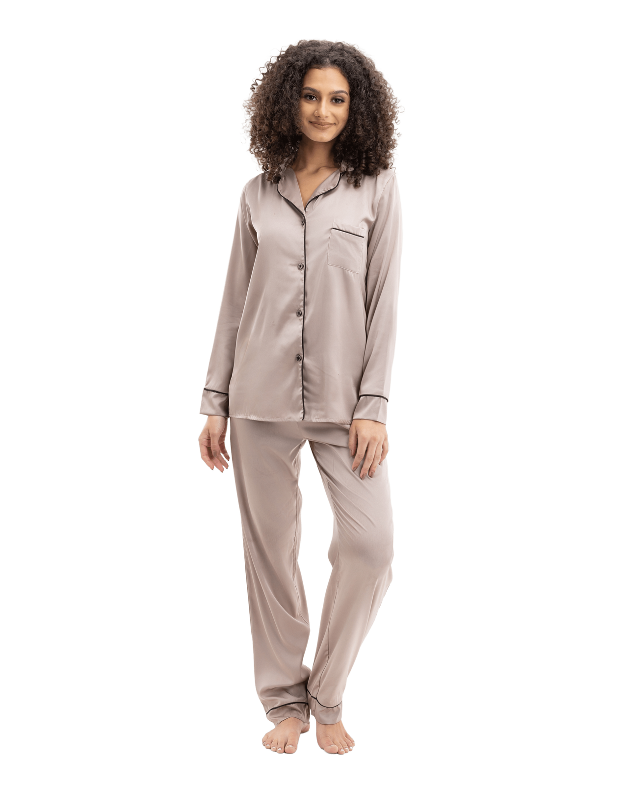 Satin Winter Long Sleeves Pajama Beige