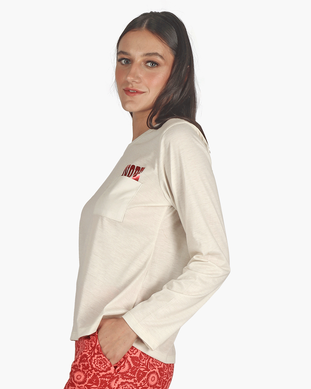 Red Aztec Long Sleeves Summer Top Beige