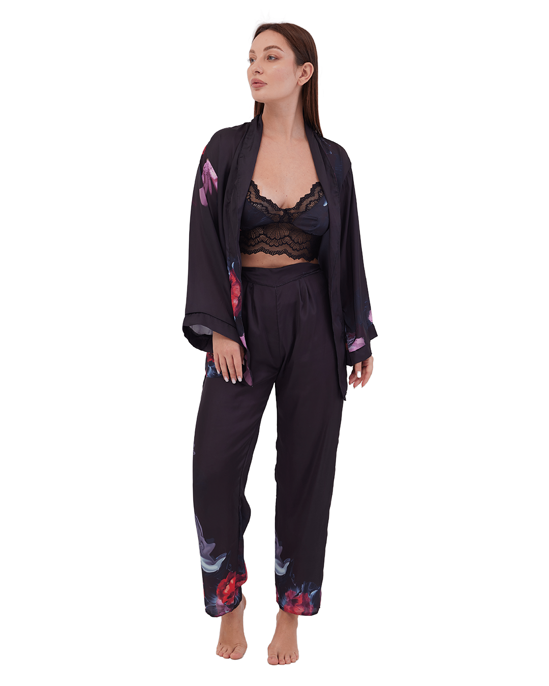 Women Saten 3Pcs Pajama Black