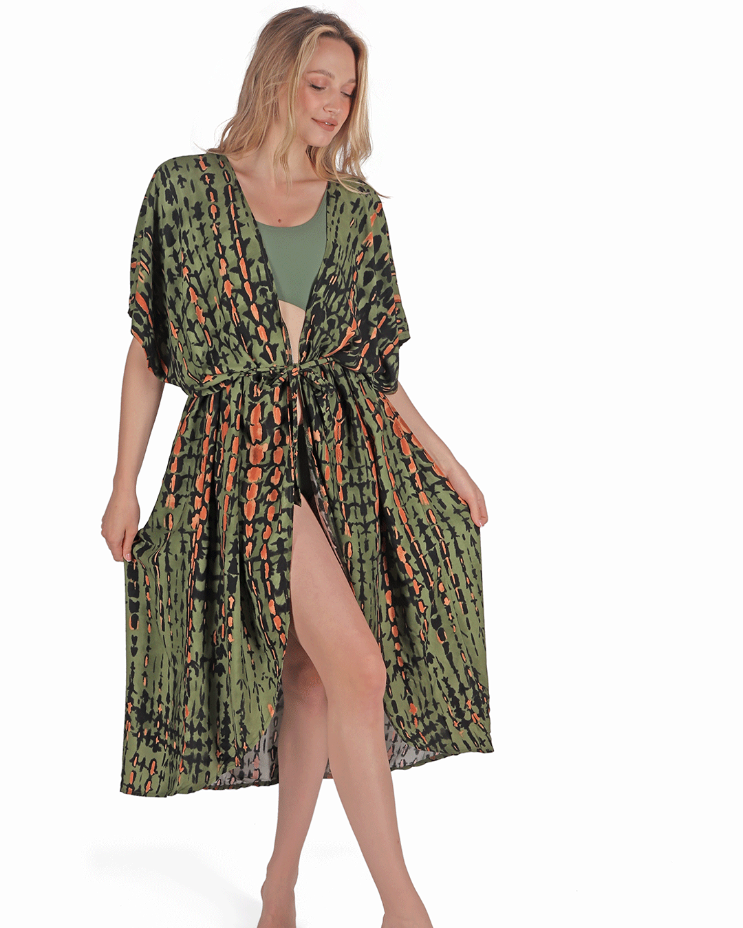 Swimwear Summer Striped Cover-Up Self Belted Free Size -  Green
