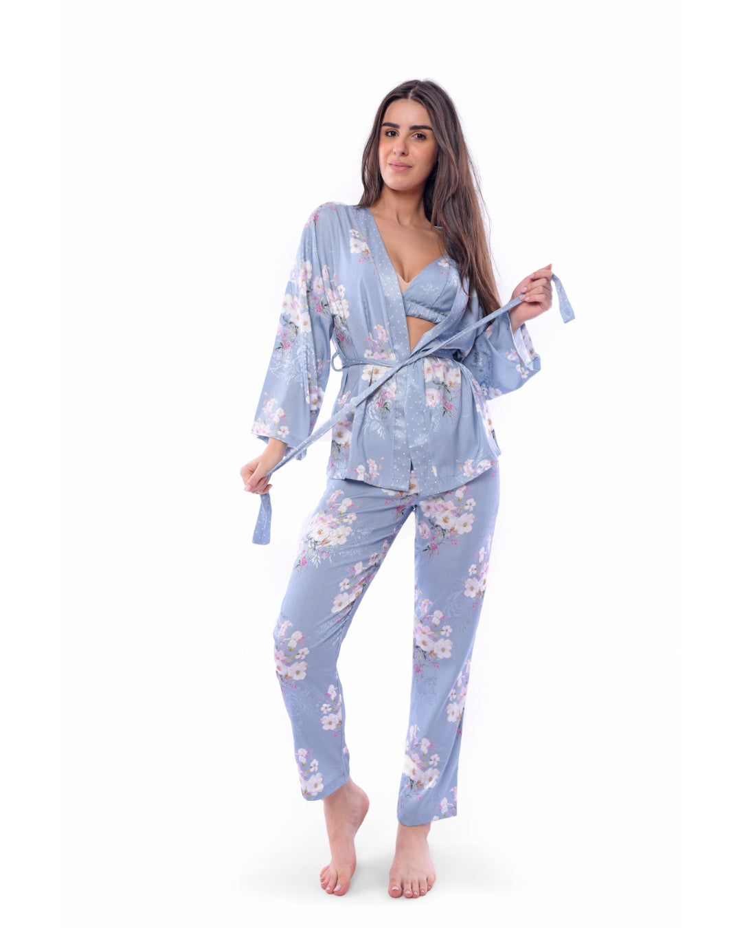 A2Z Floral Satin Pajama Set Baby-Blue - 3 PCs