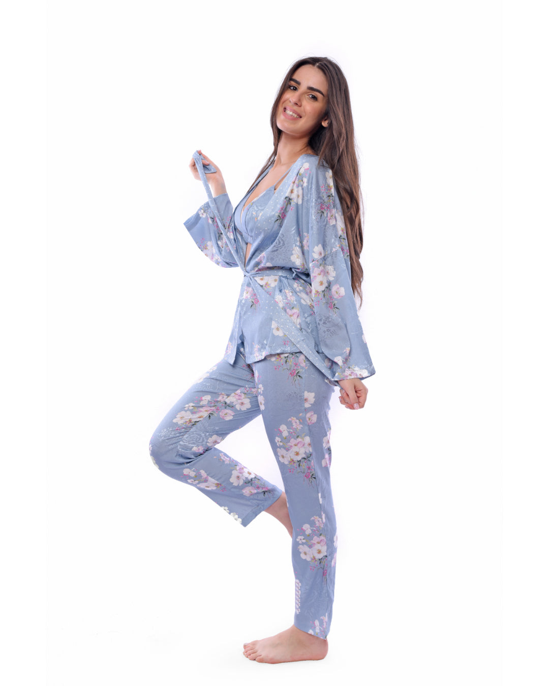 A2Z Floral Satin Pajama Set Baby-Blue - 3 PCs
