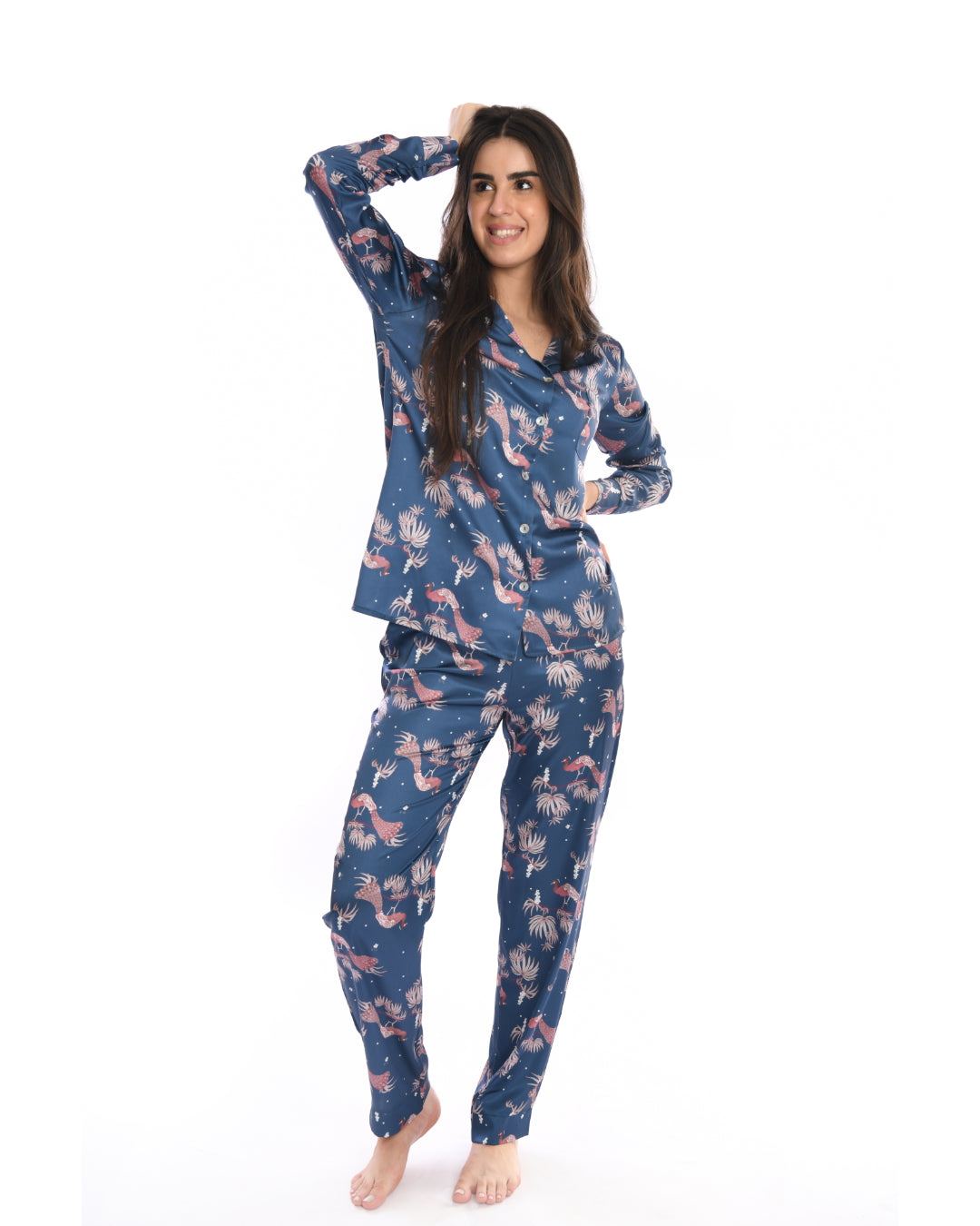 A2Z Peacock Printed Satin Classic Pajama - 2PCs