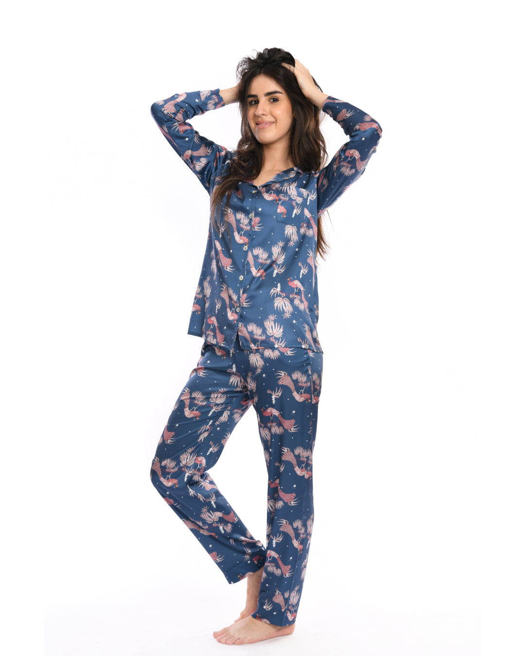 A2Z Peacock Printed Satin Classic Pajama - 2PCs