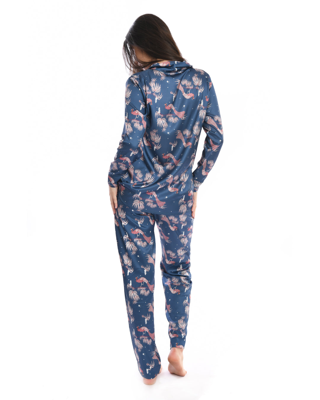 A2Z Peacock Printed Satin Classic Pajama - 2PCs
