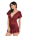 Women Satin Short Sleeve Romper Burgundy