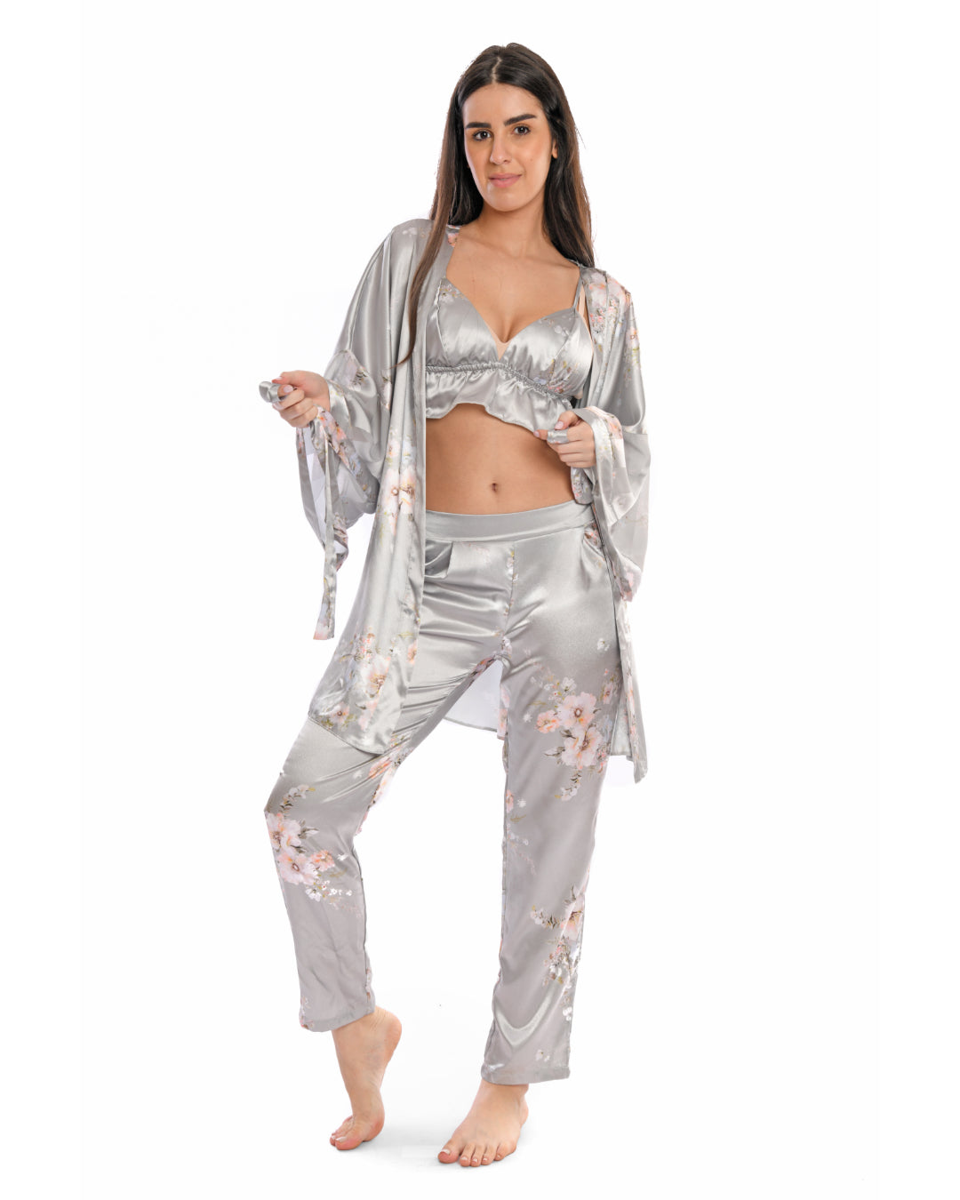 Floral Satin Pajama Set Gray - 3 PCs