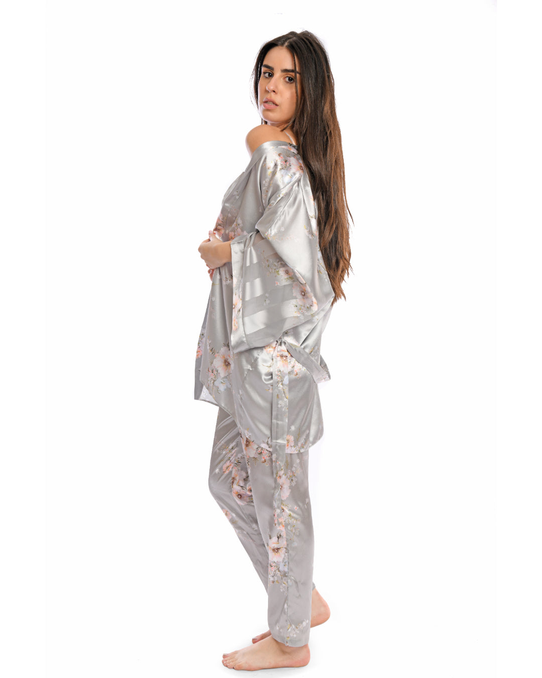 Floral Satin Pajama Set Gray - 3 PCs