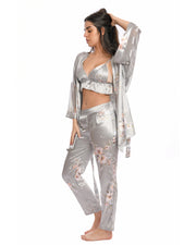 Floral Satin Pajama Set Gray - 3 PCs