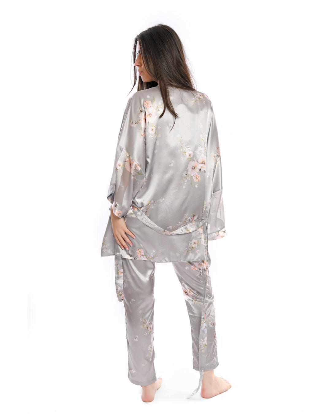Floral Satin Pajama Set Gray - 3 PCs