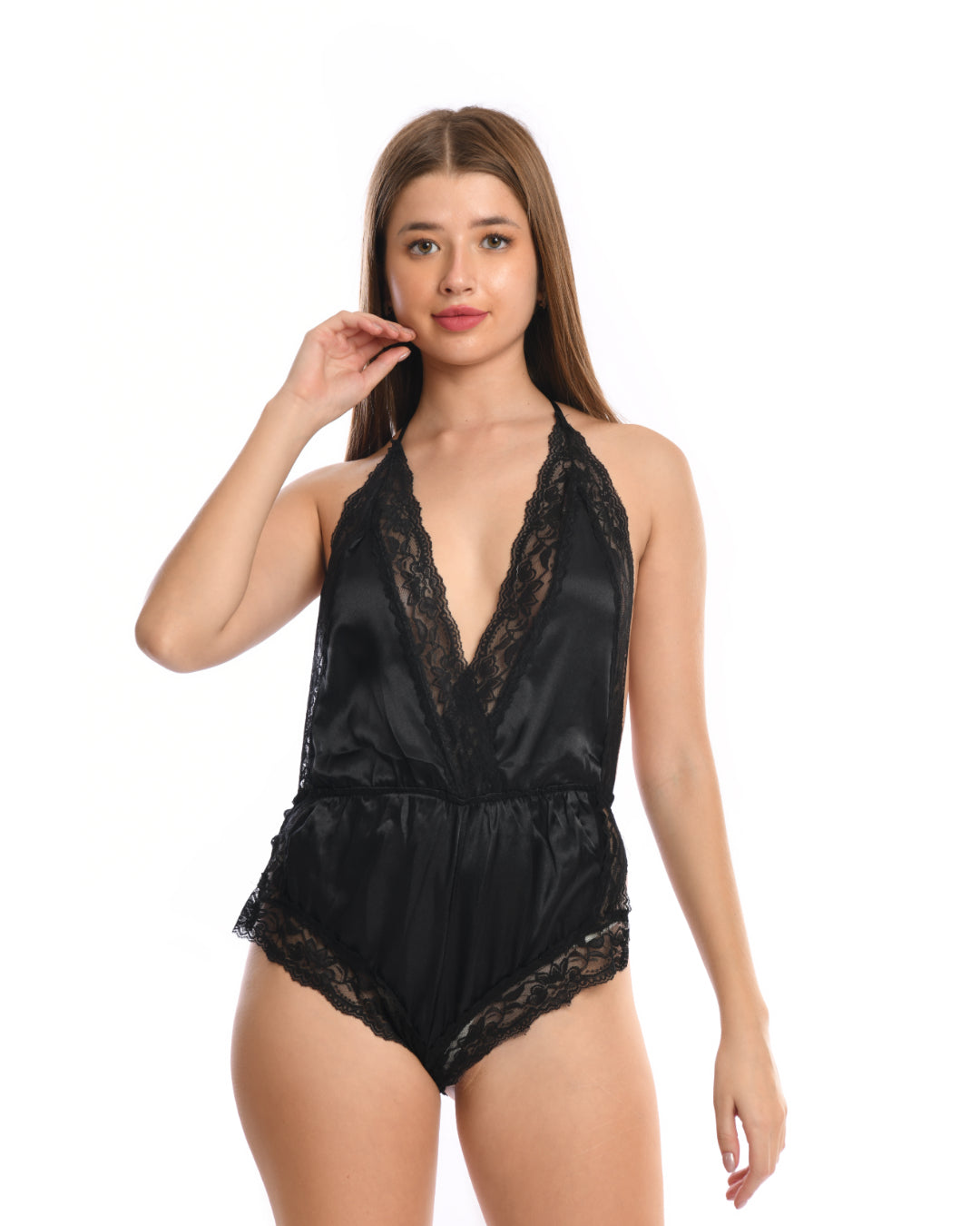Women's Black Satin Romper with Lace